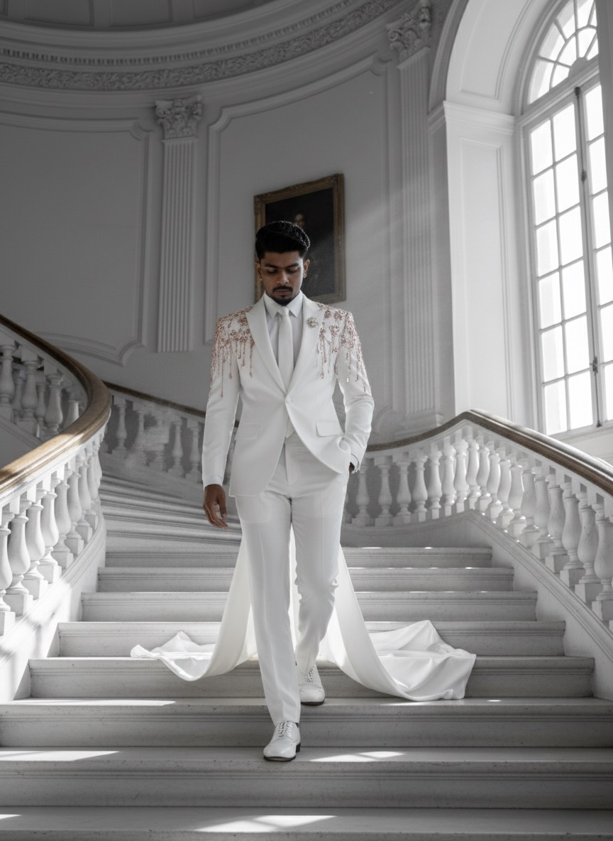 White 3pcs Wedding Suit with Pink Crystal Embellishments - Destination Dream