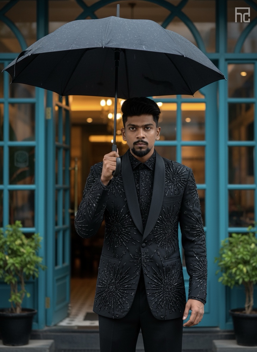 Designer Black Starburst Embroidery Suit