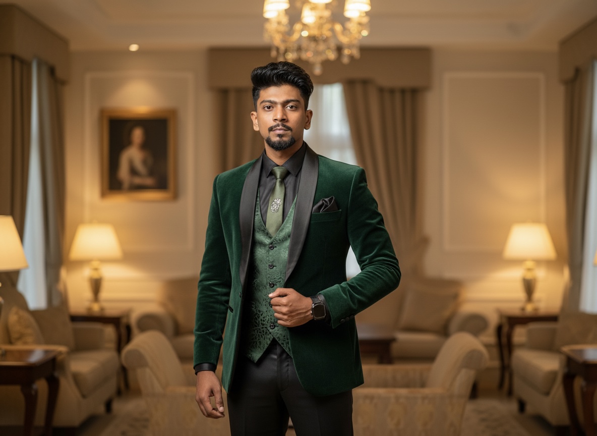 Green Velvet 3pcs Wedding Suit - Modern Minimalist