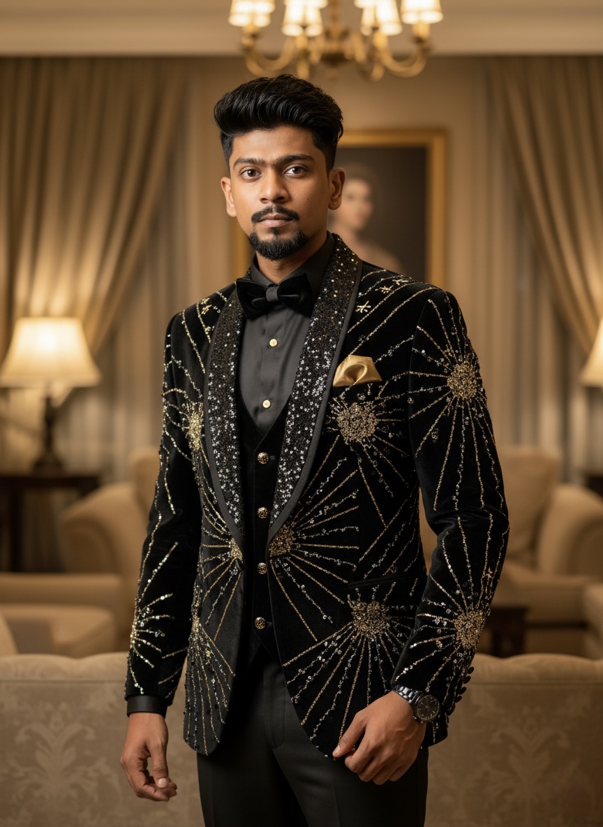Designer Black Velvet Gold Katdana Suit